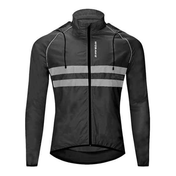 Packable Lightweight Cycling Windbreaker Jacket with Hood and Reflective Strips for Men, Black, Size M, 1 Pack