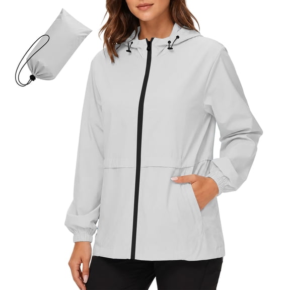 Packable Lightweight Rain Jacket Women Zipper Up Waterproof Windproof Raincoats Womens Solid Sun Protection Softshell Windbreaker Jacket Outdoor Hiking Travel Hooded Coat