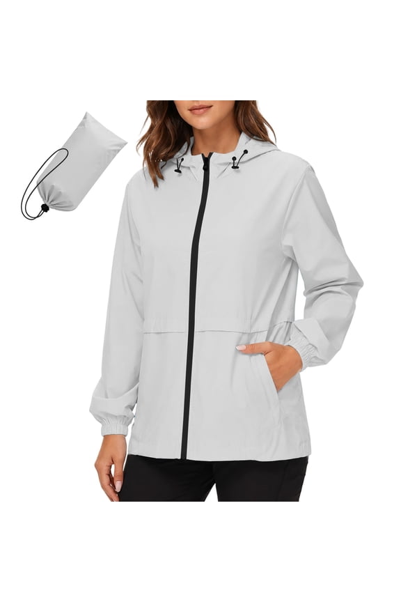 Packable Lightweight Rain Jacket Women Zipper Up Waterproof Windproof Raincoats Womens Solid Sun Protection Softshell Windbreaker Jacket Outdoor Hiking Travel Hooded Coat