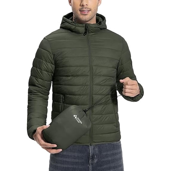 Pioneer Camp Men's Packable Puffer Jacket, Hooded with 6 Pockets