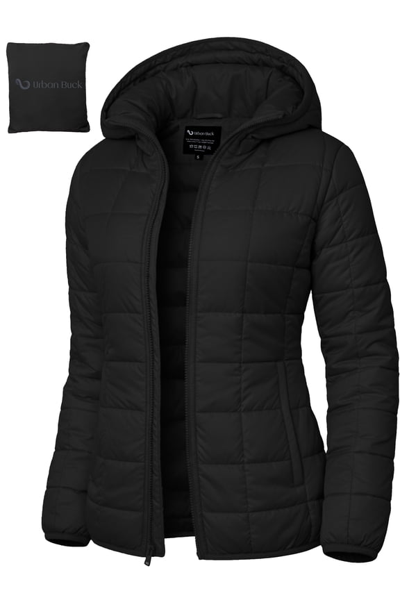 Packable Puffer Jacket Women with Hood Ember Black Quilted Water-Resistant- Repellent For Outdoor (M)