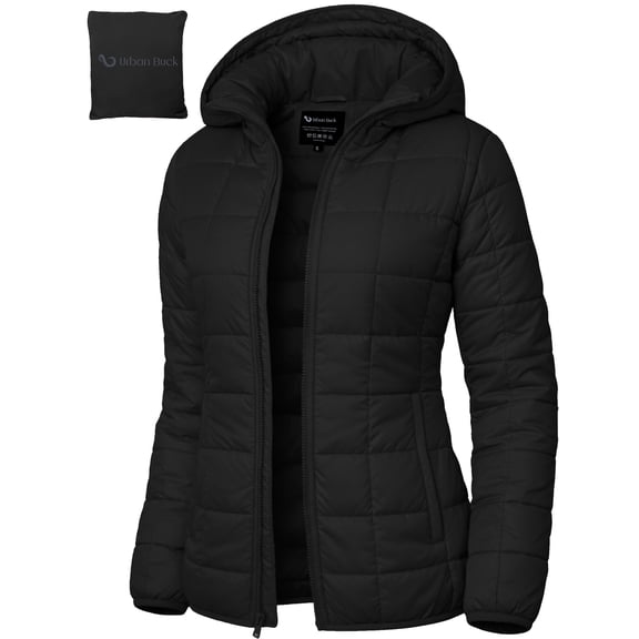 Packable Puffer Jacket Women with Hood Ember Black Quilted Water-Resistant- Repellent For Outdoor (XXL)