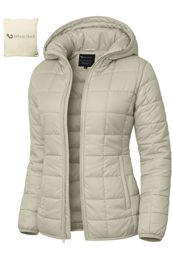 Packable Puffer Jacket Women with Hood Ember Cream Quilted Water-Resistant- Repellent For Outdoor (L)
