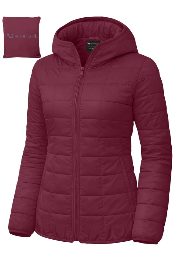 Packable Puffer Jacket Women with Hood Ember Red Quilted Water-Resistant- Repellent For Outdoor (L)