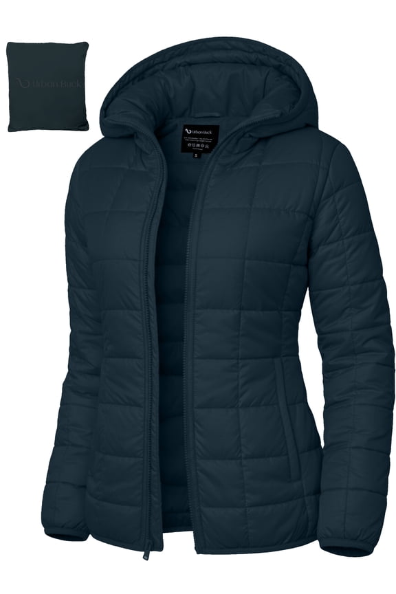 Packable Puffer Jacket Women with HoodEmber Dark Blue Quilted Water-Resistant- Repellent For Outdoor (L)