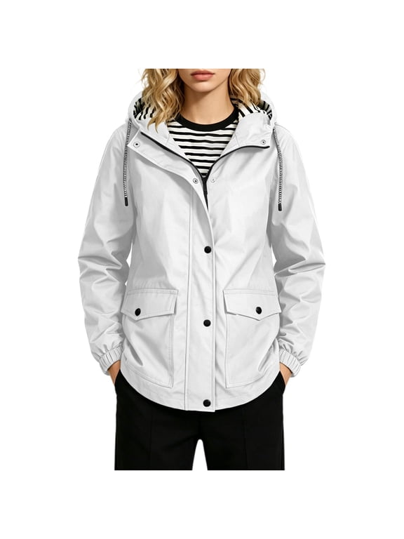 Packable Rain Jacket Men with Zipper solid color waterproof outdoor hiking drawstring long sleeved double pocket hooded windbreaker jacket top