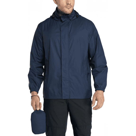 Packable Rain Jacket for Men Lightweight Waterproof Rain Shell with Hood Size 3X-Large Color Dark Blue
