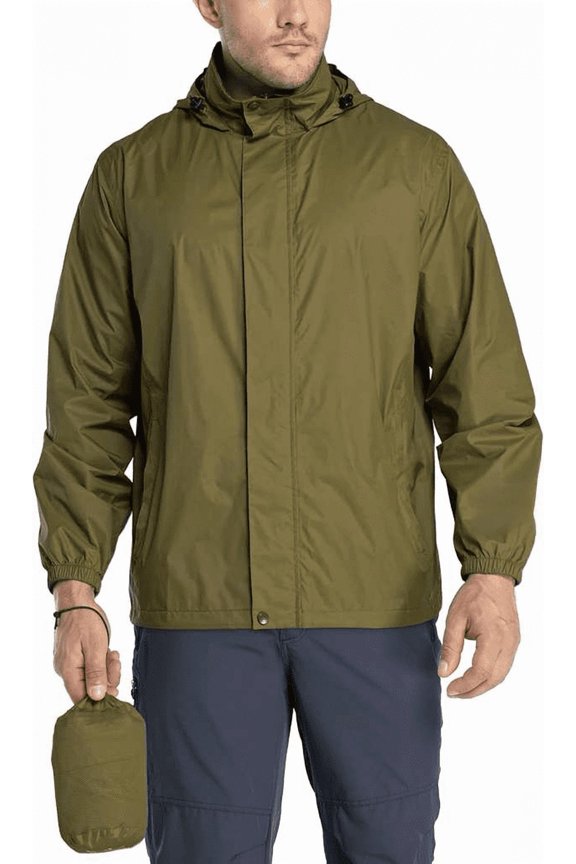 Packable Rain Jacket for Men Lightweight Waterproof Rain Shell with Hood Size Large Olive