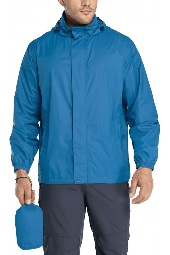 Packable Rain Jacket for Men Lightweight Waterproof Rain Shell with Hood Small Blue