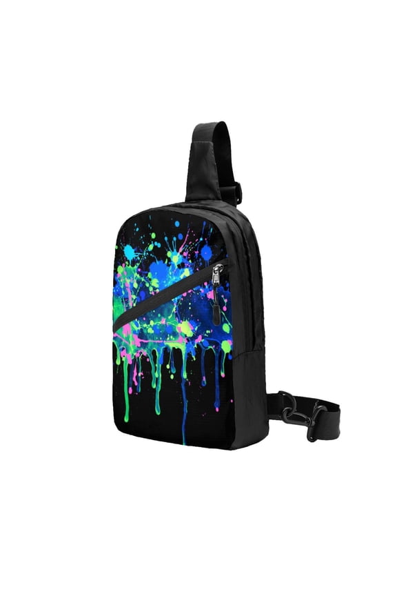 Packable Sling Backpack Blue Neon Paint Splatter Foldable Crossbody Shoulder Chest Bag Daypack for Women Men