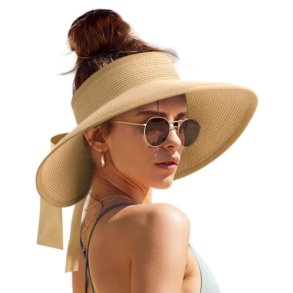 Packable Sun Hat Women Wide Brim Straw Visor Hat, Open Top Ponytail Friendly Adjustable Beach Travel Hat Foldable Summer Sun Protection Visor Cap