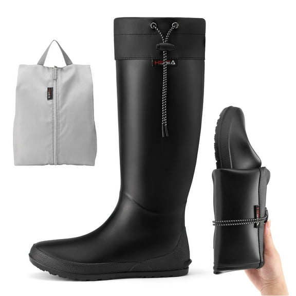 Packable Tall Rain Boots for Women,Lightweight Waterproof Rubber Garden Mud Boots,Black,Size 7