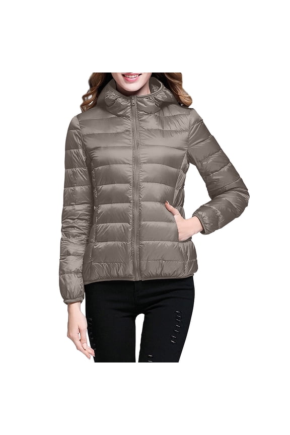 Packable down Jacket, Lightweight Hooded Puffer, White Duck down Coat Khaki M , Coat
