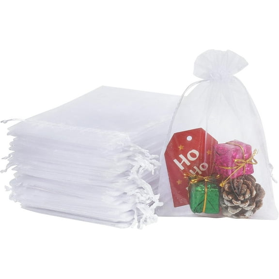 Package 100pcs White Organza Bags, 4x6 inch Mesh Bags Drawstring Gift Bags Jewelry Pouches for Candy Wedding Favors Christmas