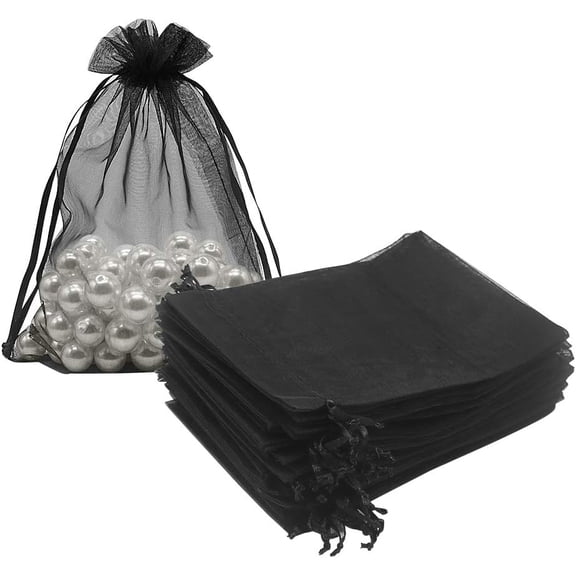 Package Black Organza Bags 5x7 inch 100pcs, Mesh Candy Bags Jewelry Pouches Drawstring Empty Sachet for Present Wedding Giveaways