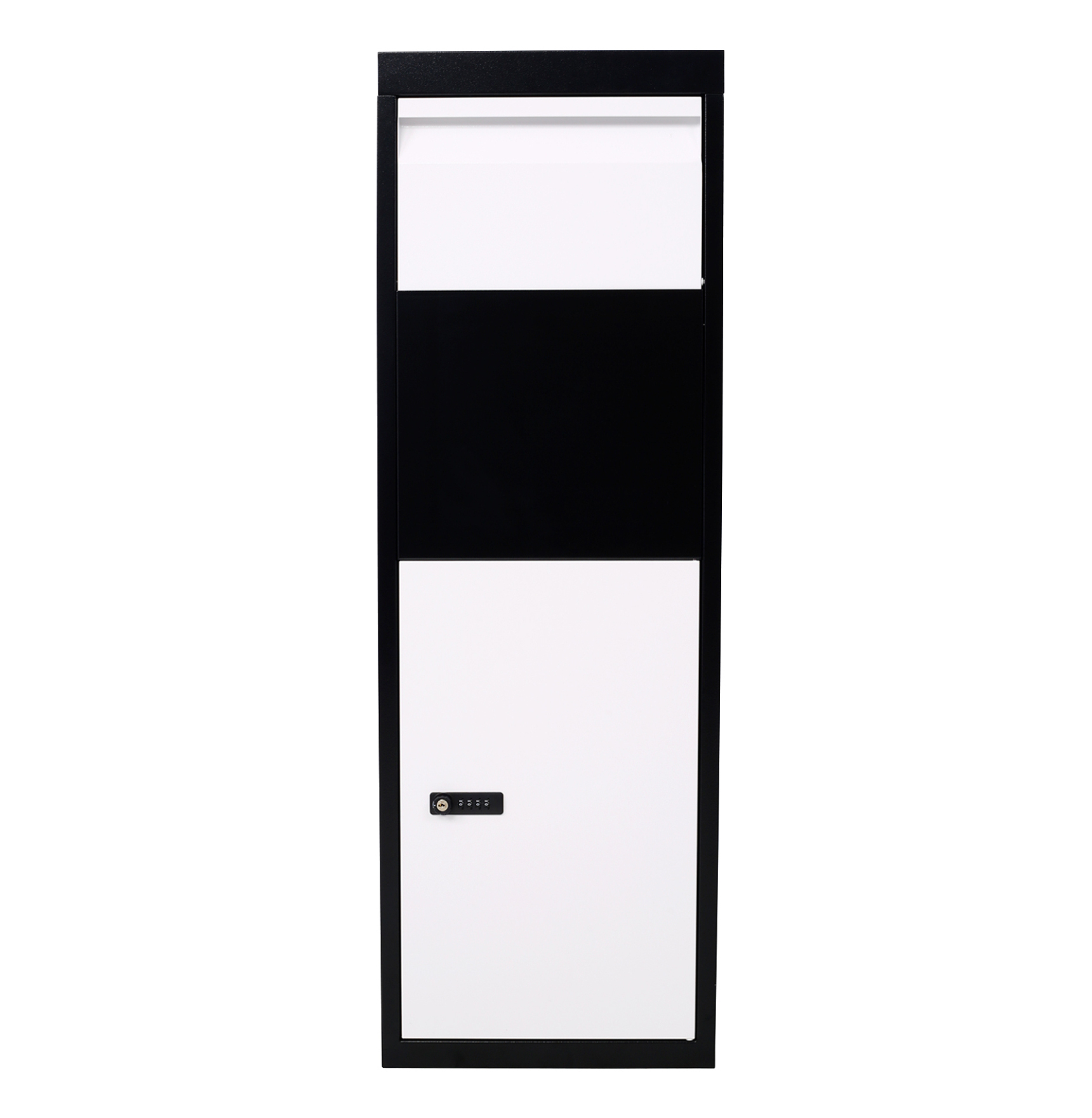 Package Delivery Box - Galvanized Steel Mailbox with Code Lock - Secure Parcel Drop Box for Porch, Curbside - 14''x11.3''x42'', Black & White