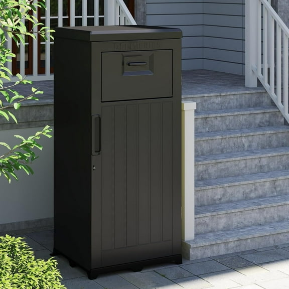 Package Delivery Box for Outside, Waterproof Resin Packages Drop Box with Lockable Door and Secure Storage, Extra Large Parcel Drop Boxes for Porch, Curbside, Black
