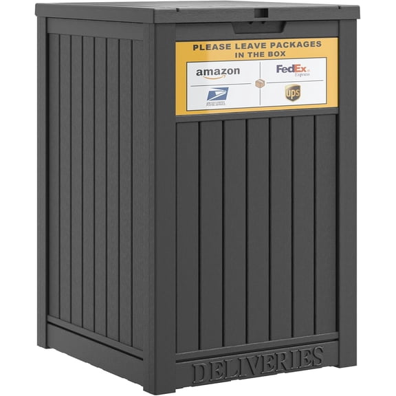 Package Delivery Box for Outside with Sign, Secure Lockable Waterproof Package Delivery Container, Resin Deck Box for Porch & Garden, Classic Black