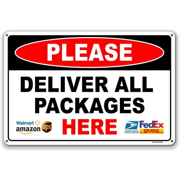 Package Delivery Metal Sign, Please Deliver All Packages Here, Waterproof Rustproof Red Aluminum, 8 x 12 Inch, 1 Pack