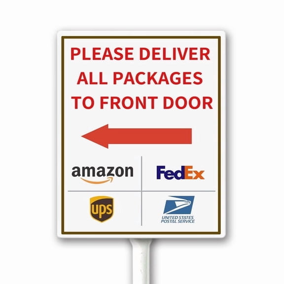 Package Delivery Sign for Outside with Stake, Please Deliver All Packages to The Front Door Left Arrow 4.6 x 6 Inch, Set of 1, Sturdy aluminum Sign, Weatherproof and Fade Resistant