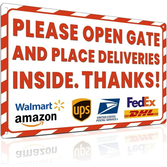 Package Delivery Sign for Outdoor Use 8x12 Inch - Please Open Gate and Place Deliveries Inside Thanks - Outdoor Signs for Home, Office, Work Use