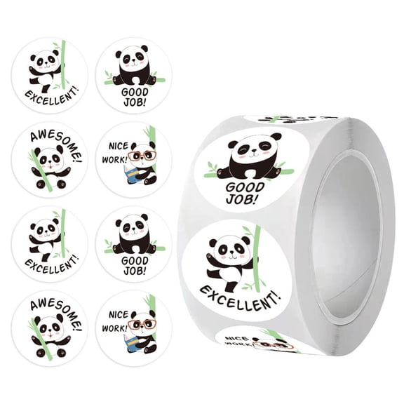Package Sealing Reward Stickers, Panda Round Label Roll with Praise Phrases for Treat Boxes, Envelope Seals, Wrapp