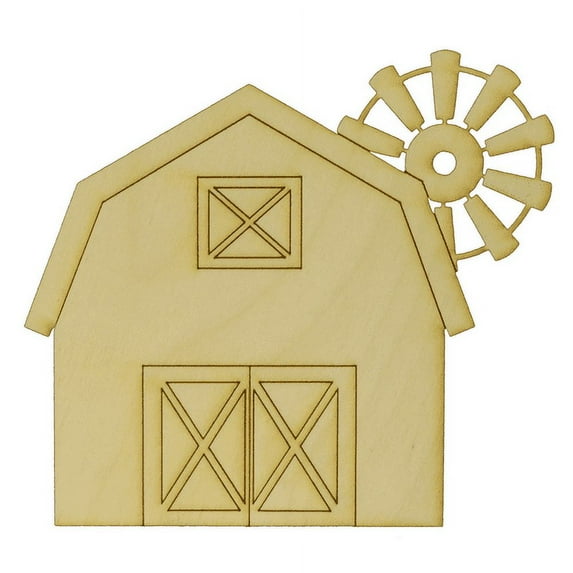 Package of 10, Small 4.5" x 4" x 0.25" Baltic Birch Plywood Detailed Barn with Windmill Wood Cutout for Art and Craft Project, Made in USA