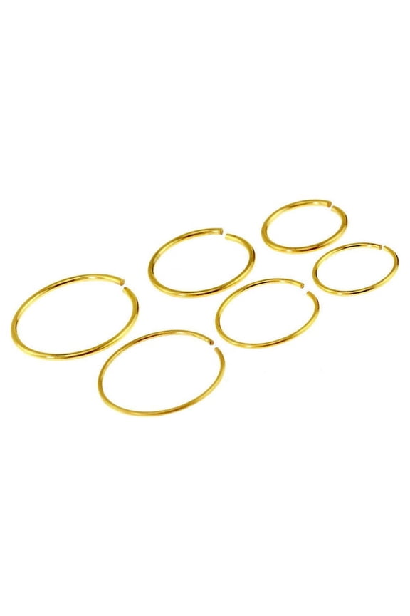 Package of 6 Gold IP or Surgical Nose Ring or Cartilage Hoop 3 (20G) and 3 (22G