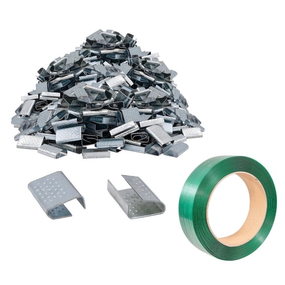Packaging Banding Strapping Kit - 1Pc Green Polyester PET Pallet Strap Coil 2400' x 3/4" x 0.050" - 2500 lbs BS and 2000 Pcs Strapping Open Seal for Securing Heavy Pallet Banding