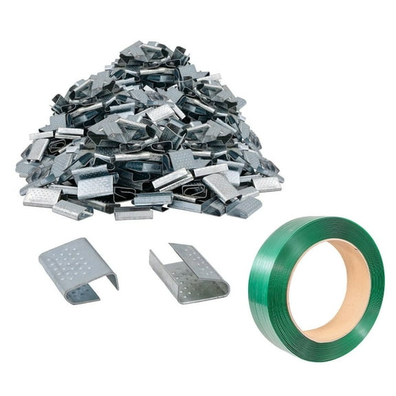 Packaging Banding Strapping Kit - 1Pc Green Polyester PET Pallet Strap Coil 3000' x 3/4" x 0.040" - 1800 lbs BS and 2000 Pcs Strapping Open Seal for Securing Heavy Pallet Banding
