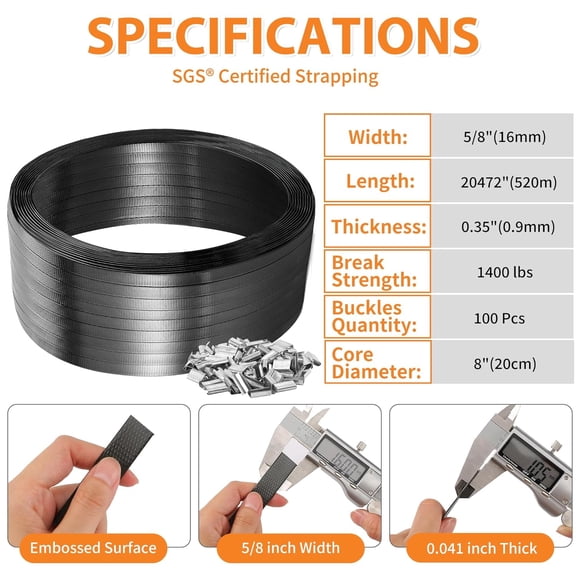 Packaging Strapping - Polyester PET Heavy Duty Strapping Banding Kit - Poly Strapping - 1400lbs Break Strength, with Self Dispensing Box and 100 Buckles for Pallet Packaging (Black, 1700' x 5/8")
