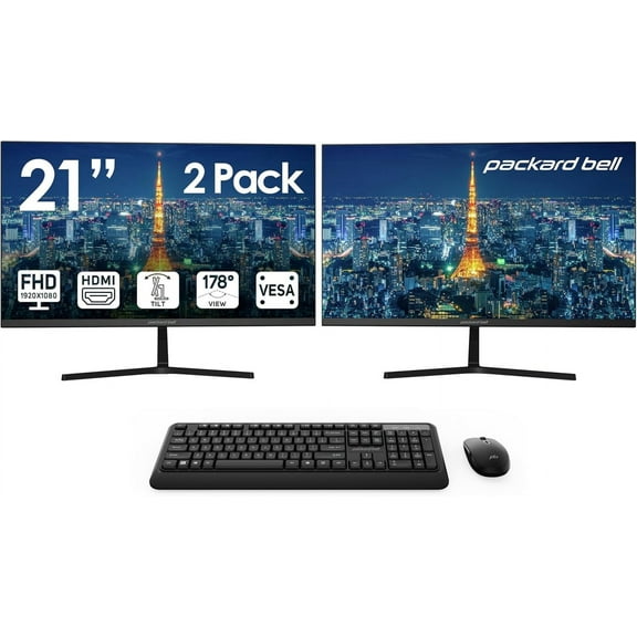 Packard Bell 21" FHD Monitor – 2 Pack w/ Keyboard & Mouse, HDMI/VGA, VESA