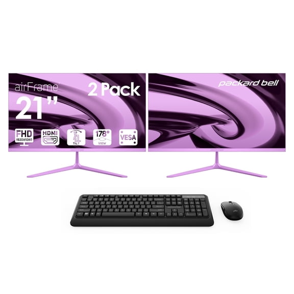 Packard Bell AirFrame 21.5-Inch Full HD Monitor Bundle, 2-Pack with Wireless Keyboard and Mouse, 75Hz, HDMI, VGA, VESA Mount, Violet