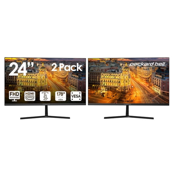 Packard Bell AirFrame 24 " FHD Monitor, 1920x1080, Ultrawide, VESA Mount, Tilt Adjust, HDMI/VGA, Slim Bezel, for Home, Office, and Light Gaming - 2 Pack