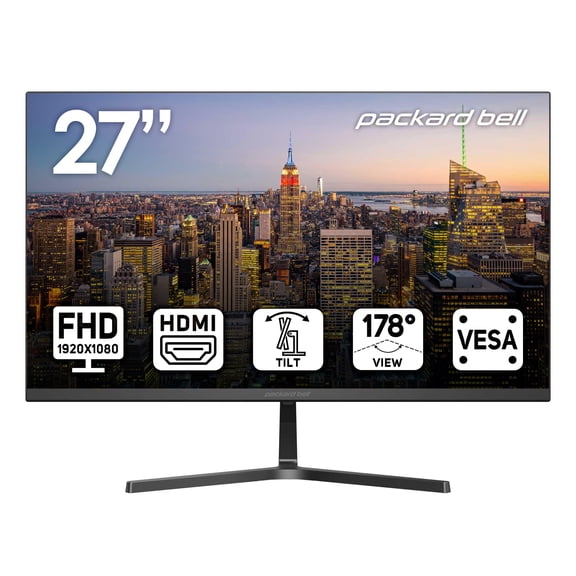 Packard Bell airFrame 27" FHD Monitor, 1920x1080, Ultrawide, VESA Mount Compatible, Tilt Adjustment, HDMI/VGA, Slim Bezel, for Home, Office, and Light Gaming