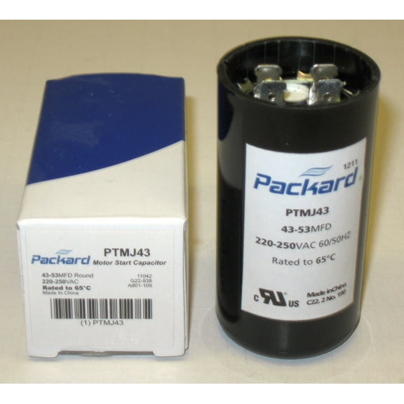 Packard Start Capacitor, Round, 43-53 Mfd., 220-250 Volt, PTMJ43, 43-250