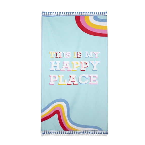 Packed Party Beach Towel, Happy Place Print, Multi-Color with Blue Fringe