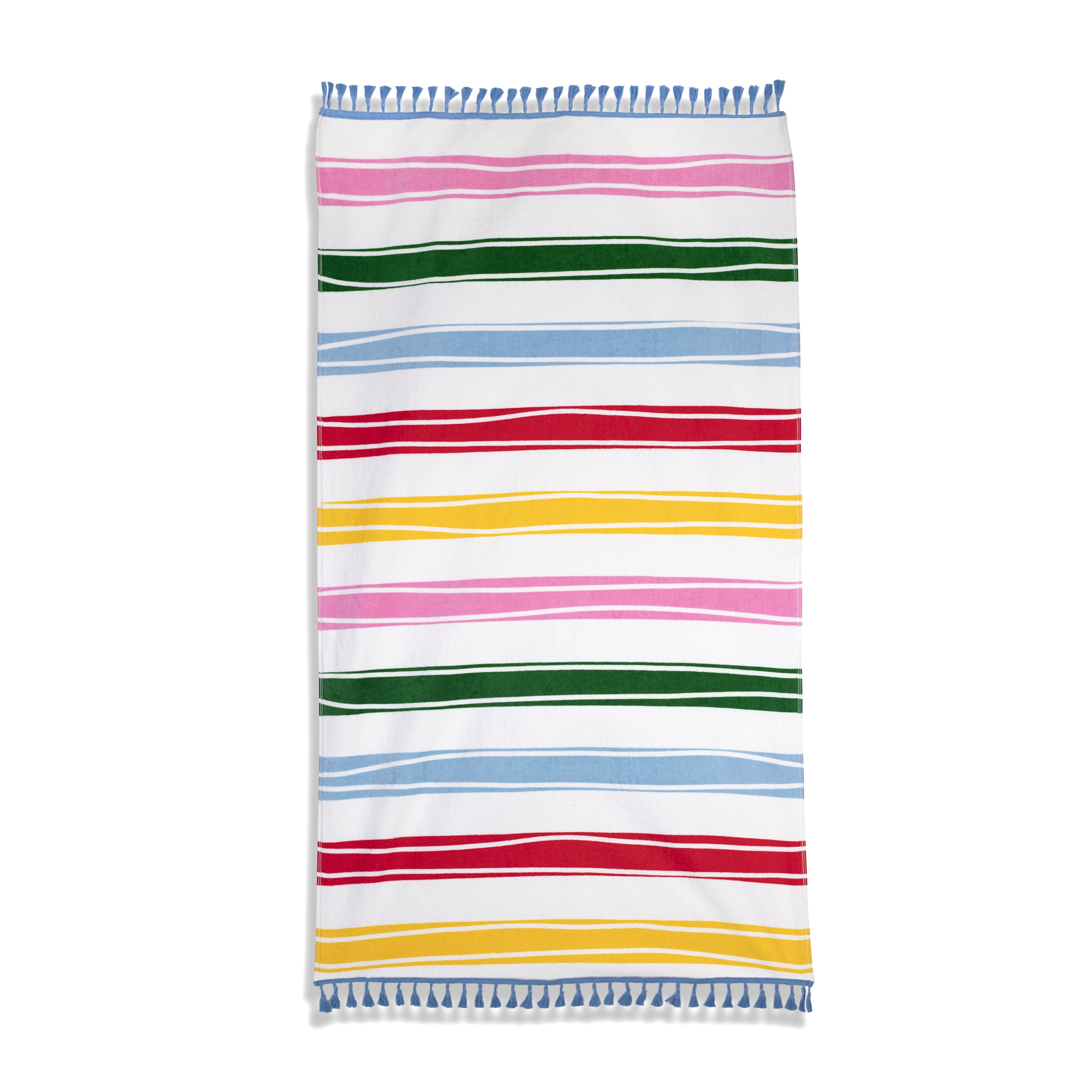 Packed Party Beach Towel, Rainbow Stripes Print, Multi-Color with Blue Fringe