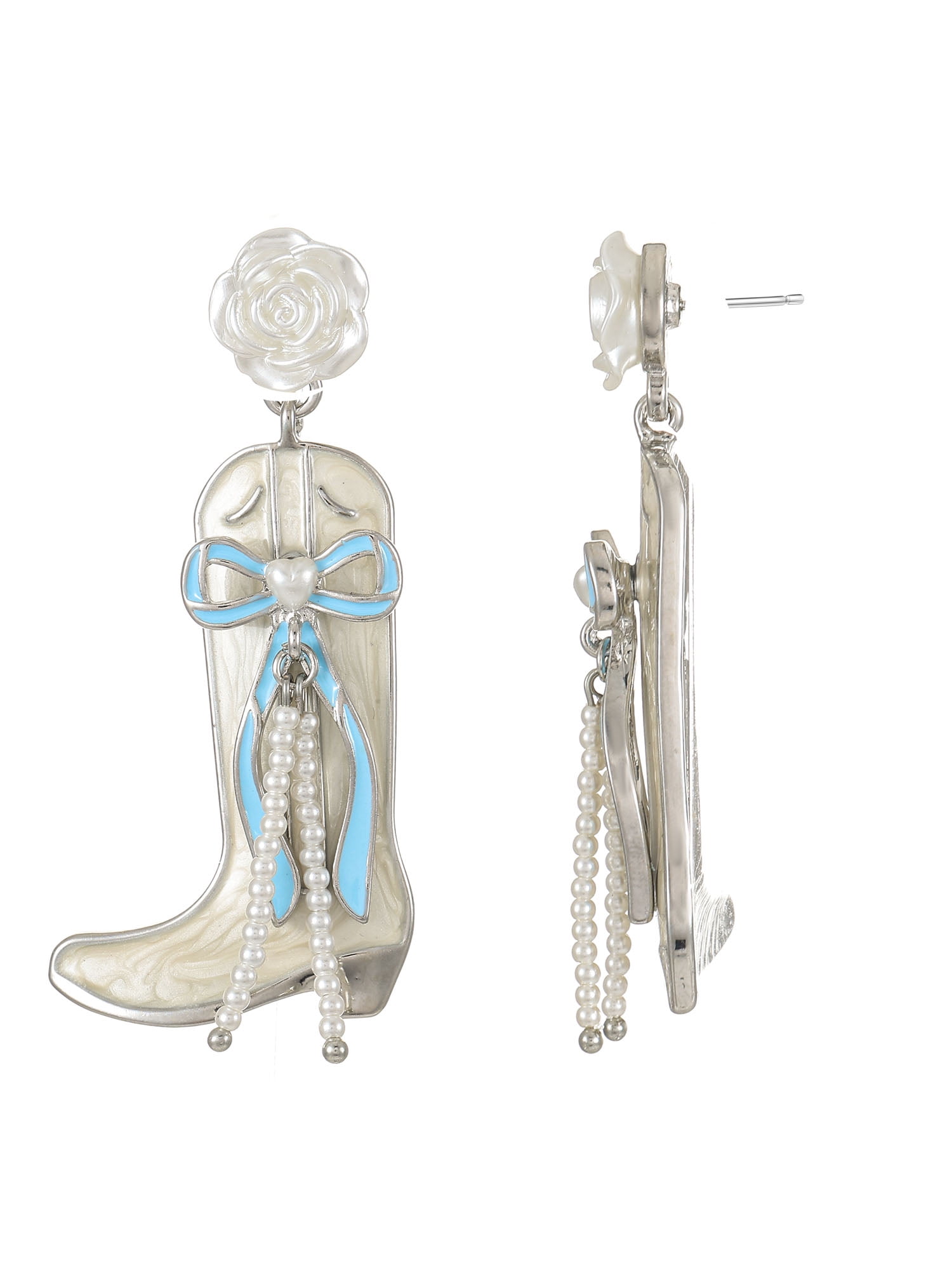 Packed Party Blue and White Pearl Western Boot Earrings, 1 Pair
