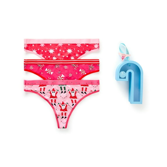 Packed Party Women's Candy Cane Giftable Christmas, 3-Pack, Thong Panties, Sizes S-XXL