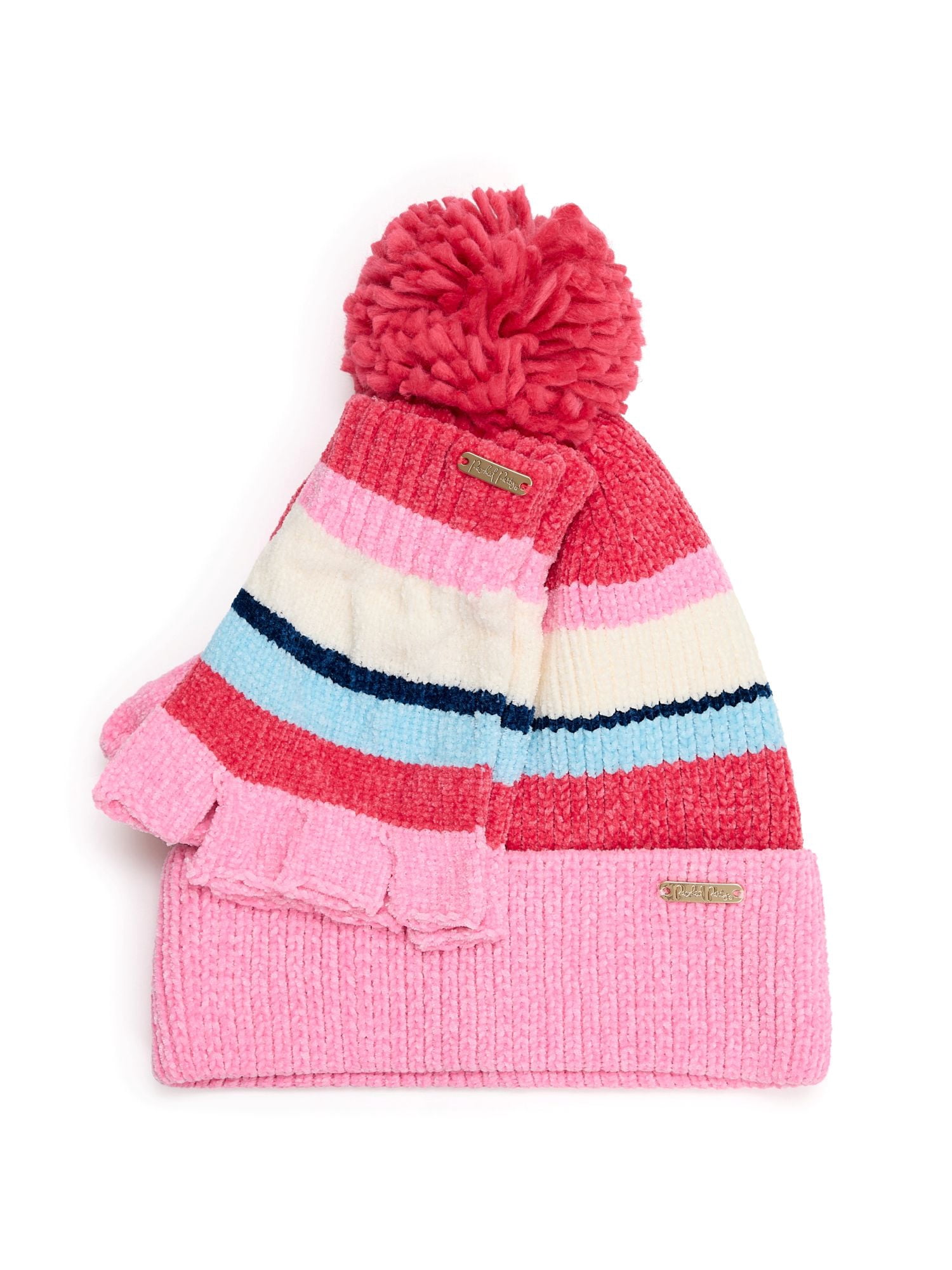 Cozy Stripes Chenille Hat and Gloves Set, Pink
