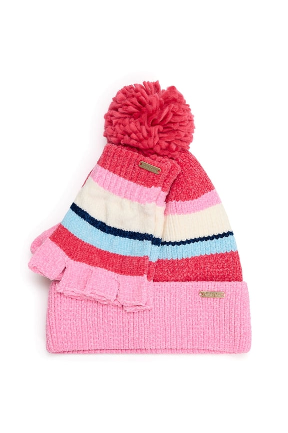 Cozy Stripes Chenille Hat and Gloves Set, Pink