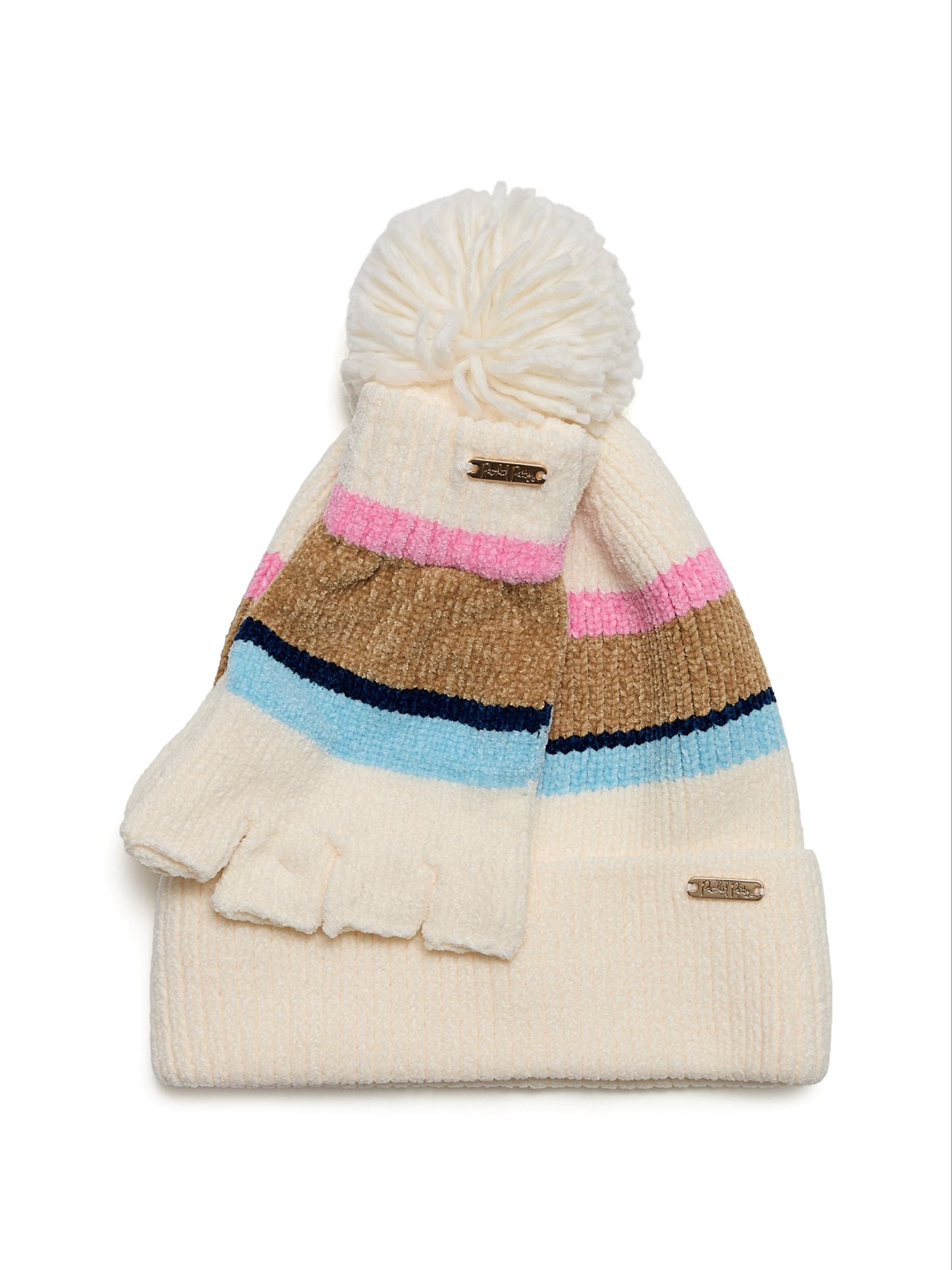 Packed Party Cozy Stripes Chenille Hat and Gloves Set, Ivory