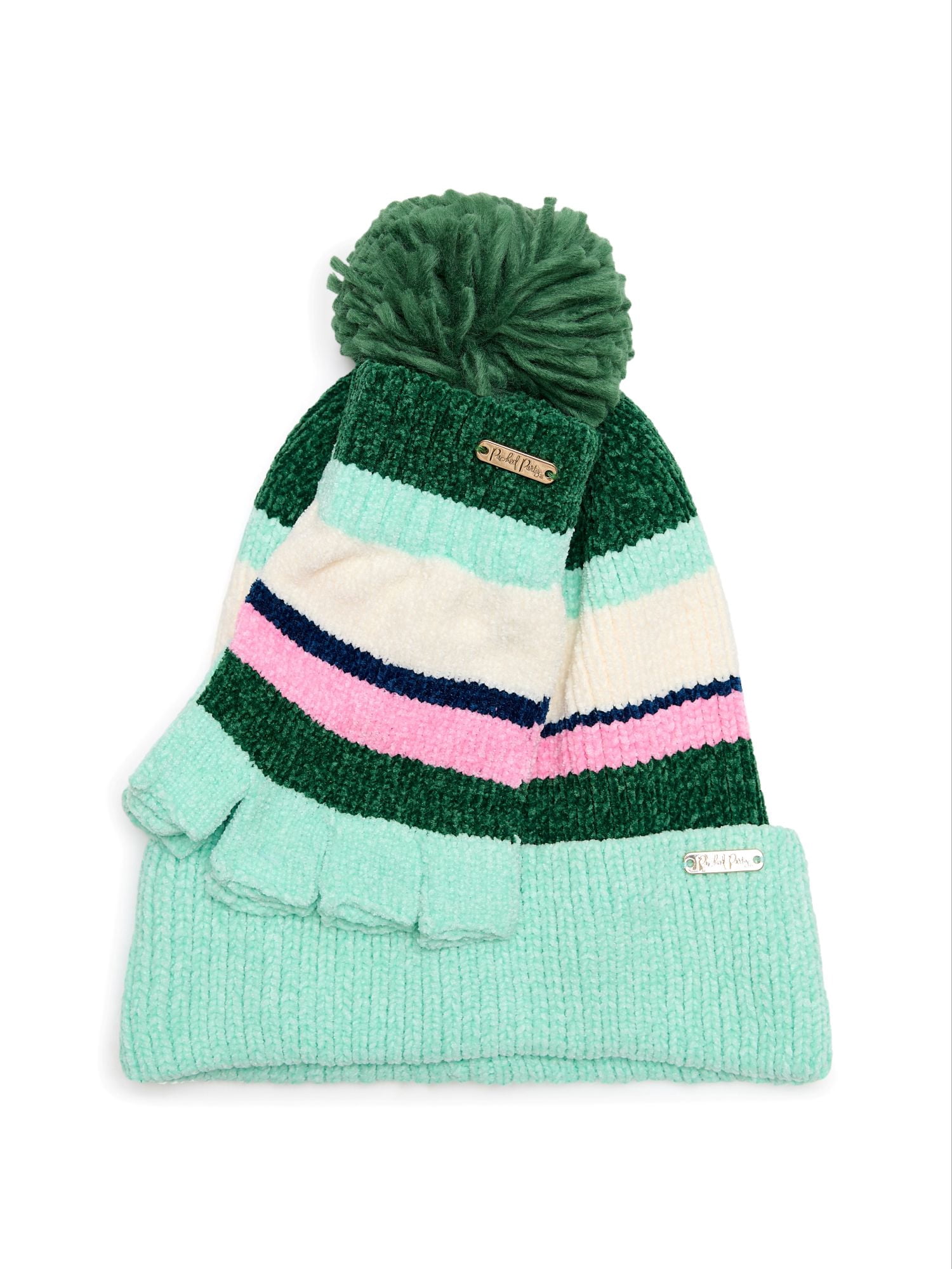 Packed Party Cozy Stripes Chenille Hat and Gloves Set, Green
