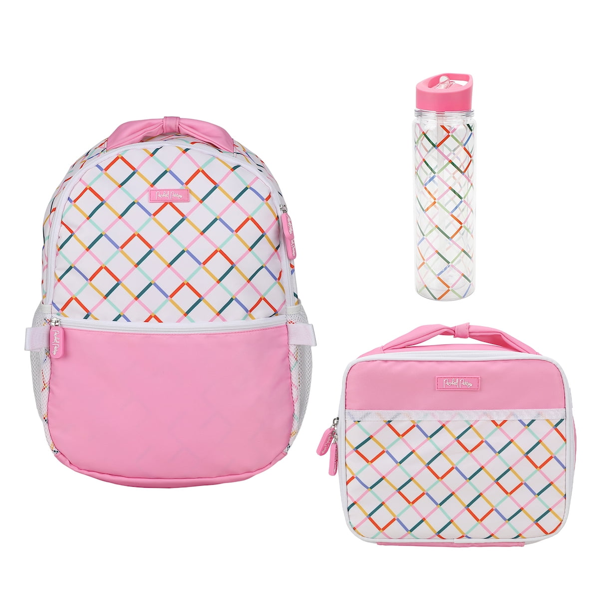 Packed Party Colorful Rainbow and Pink Connecting Squares White 17" Backpack Set, Includes Matching Backpack, Lunchbox and Water Bottle