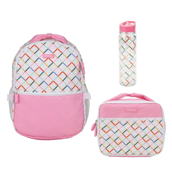 Packed Party Colorful Rainbow and Pink Connecting Squares White 17" Backpack Set Includes Matching Backpack Lunchbox and Water Bottle
