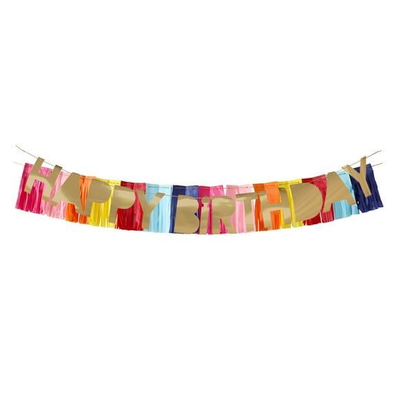 Packed Party Gold Happy Birthday Banner and Multicolor Fringe Background