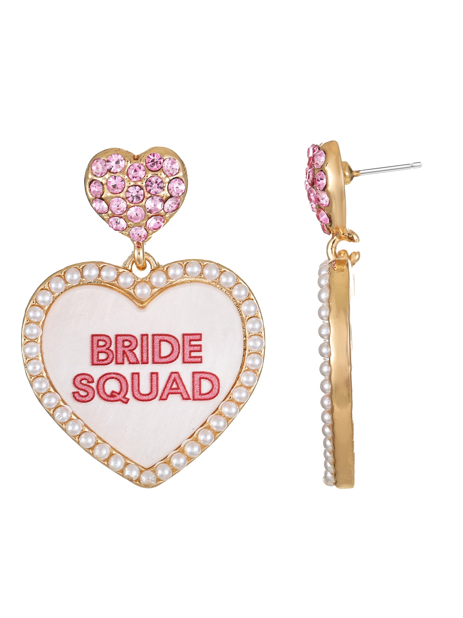 Packed Party Goldtone Bride Squad Heart Earrings, Female, Bridal Theme, 1 Pair
