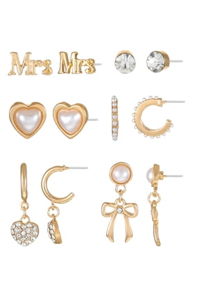 Goldtone Bride To Be Earring Set, Female, Bridal Theme, 6 Pairs