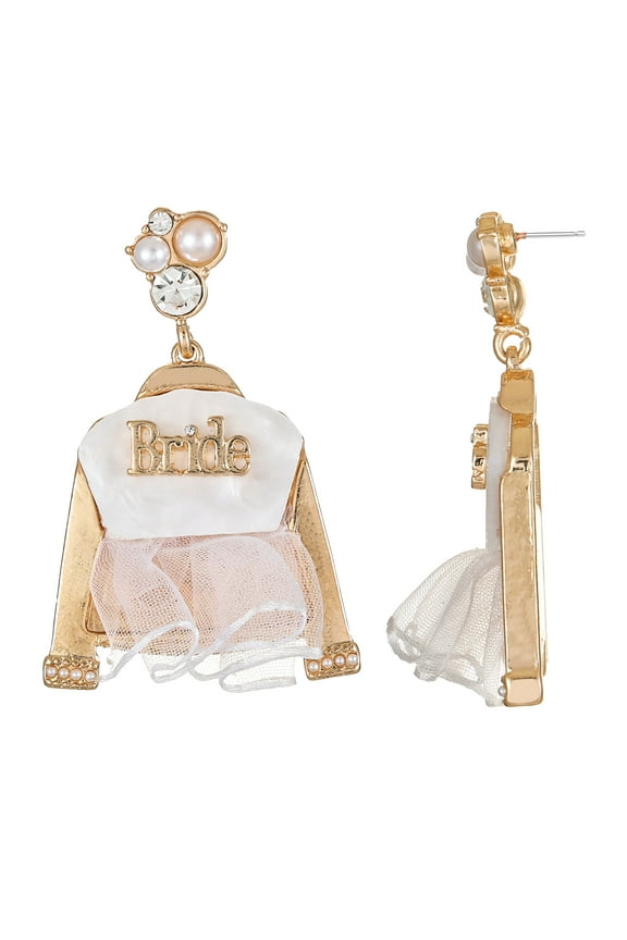 Goldtone Here Comes The Bride Earrings, Female, Bridal Theme, 1 Pair